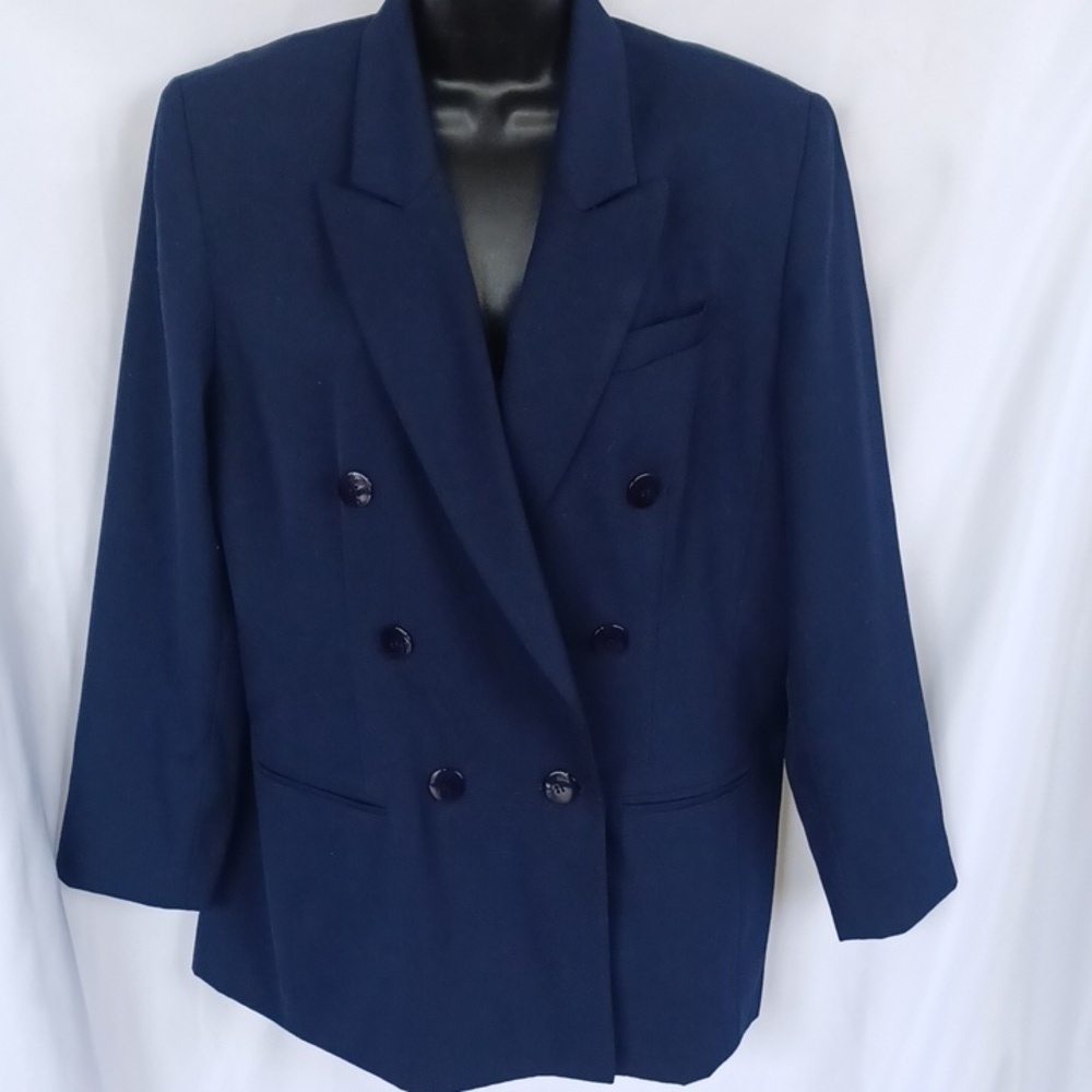 JAQUELINE FERRAR Vintage Navy Double Breasted Wool Blend Blazer Size 14